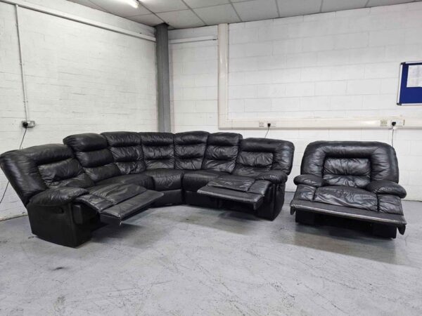 Black Leather Recliner Corner Sofa and Chair - Image 5