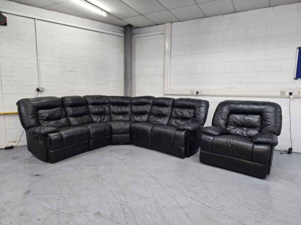 Black Leather Recliner Corner Sofa and Chair