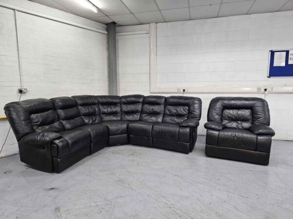 Black Leather Recliner Corner Sofa and Chair - Image 3