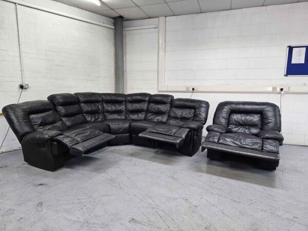 Black Leather Recliner Corner Sofa and Chair - Image 2