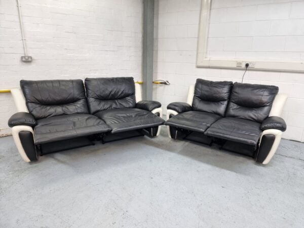 Scs 3 and 2 Seater Black & White Leather Recliner Sofas - Image 2
