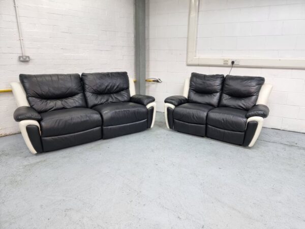 Scs 3 and 2 Seater Black & White Leather Recliner Sofas - Image 5