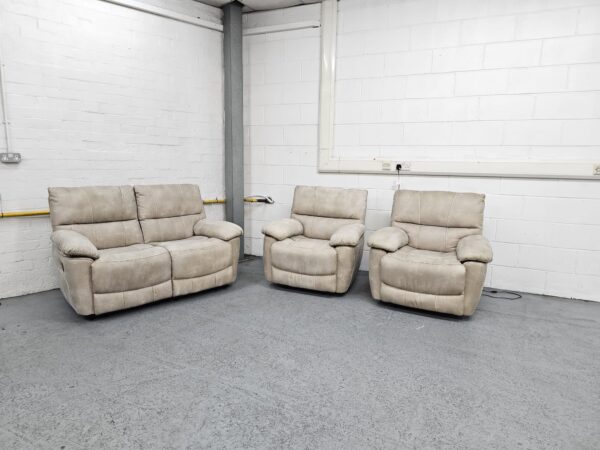 Harvey’s Suede 3 Piece Suite Manual Recliner Sofa and Chairs - Image 2