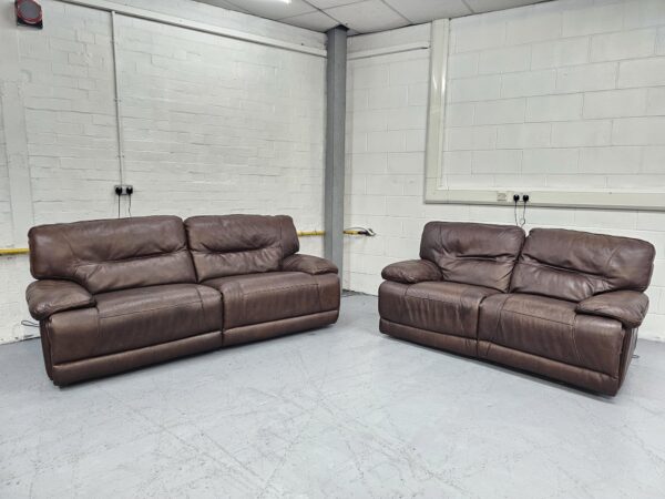 Harvey’s Quality Brown Leather 3 and 2 Seaters Electric Recliner Sofas - Image 4