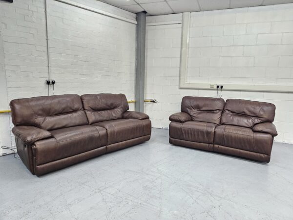 Harvey’s Quality Brown Leather 3 and 2 Seaters Electric Recliner Sofas - Image 3