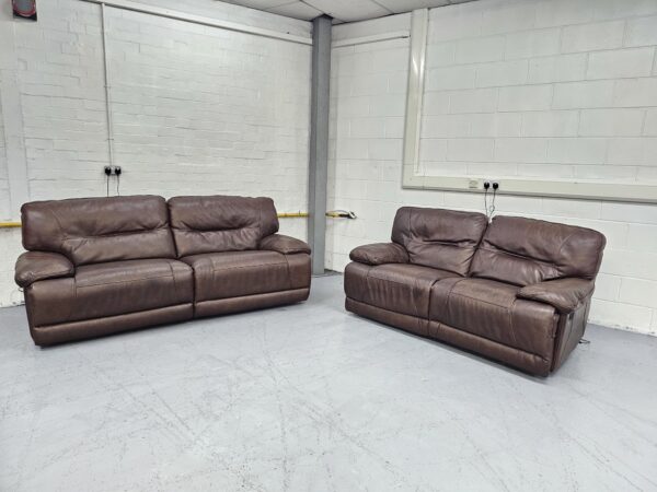 Harvey’s Quality Brown Leather 3 and 2 Seaters Electric Recliner Sofas - Image 2