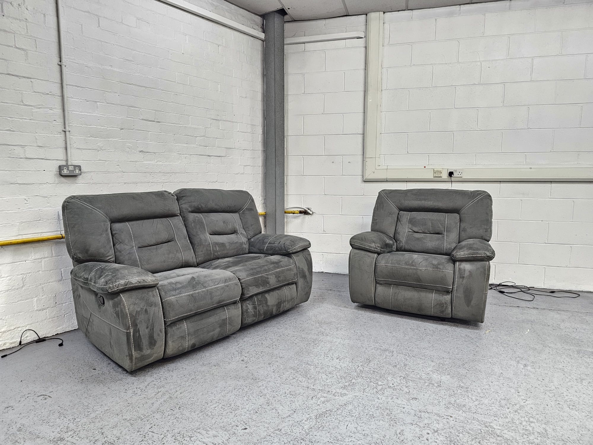 Dfs Grey Suede 2 and 1 Seater Manual Recliner Sofa and Chair