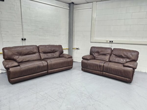 Harvey’s Quality Brown Leather 3 and 2 Seaters Electric Recliner Sofas - Image 5