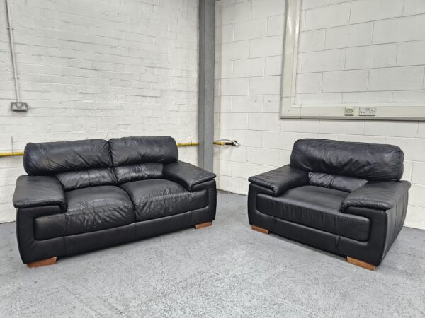 Black Leather 2 and 1 Seater Sofa and Chair