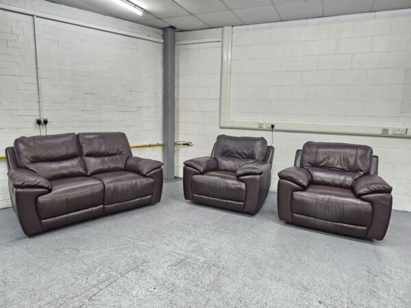 Dfs Brown Leather 3 Piece Suite Manual Recliner and Rocking Chairs