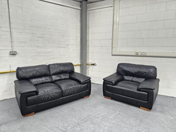 Black Leather 2 and 1 Seater Sofa and Chair - Image 4