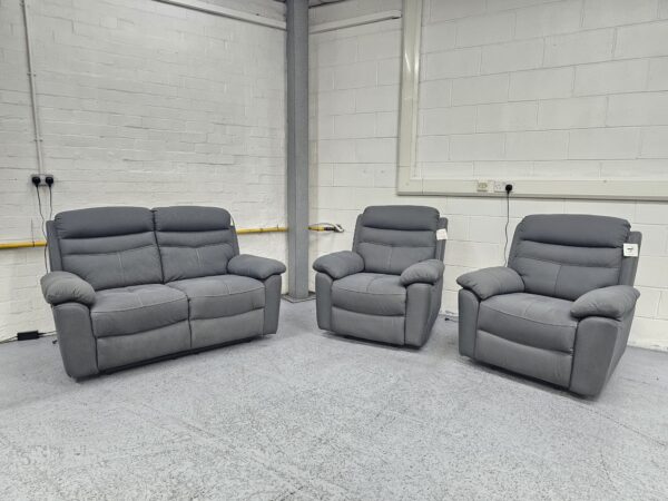 Dunelm Grey Suede 3 Piece Suite Manual Recliner Sofa and Chairs