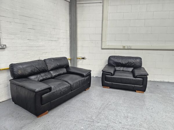 Black Leather 2 and 1 Seater Sofa and Chair - Image 3