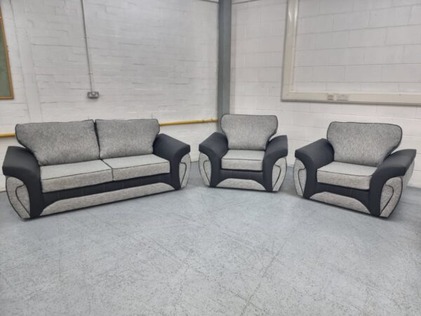 SCS Grey and Black Trim Fabric 3 Piece Suite Sofa and Chairs