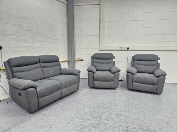 Dunelm Grey Suede 3 Piece Suite Manual Recliner Sofa and Chairs - Image 2