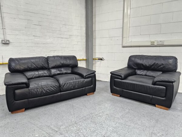 Black Leather 2 and 1 Seater Sofa and Chair - Image 2