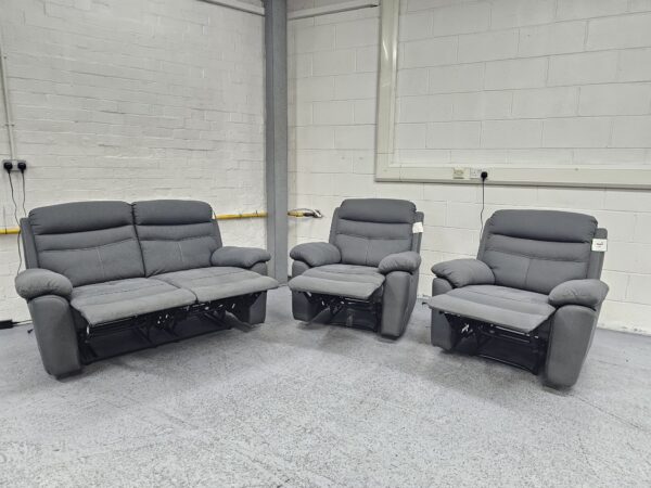 Dunelm Grey Suede 3 Piece Suite Manual Recliner Sofa and Chairs - Image 4