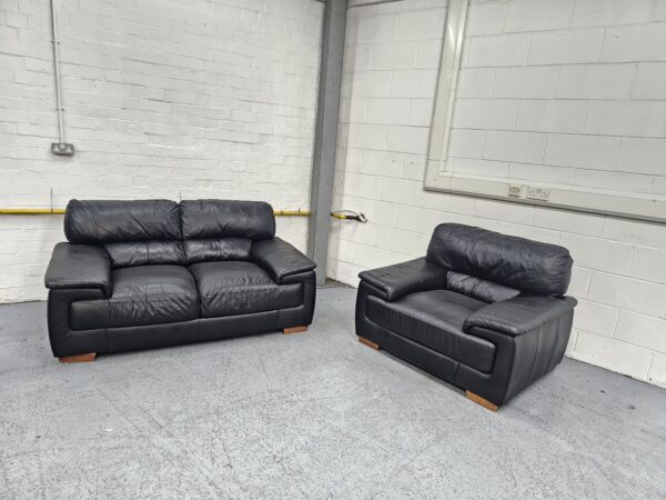 Black Leather 2 and 1 Seater Sofa and Chair - Image 5