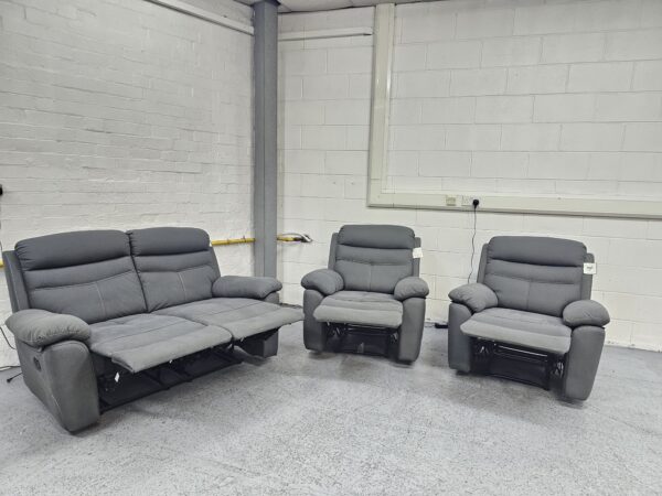 Dunelm Grey Suede 3 Piece Suite Manual Recliner Sofa and Chairs - Image 6