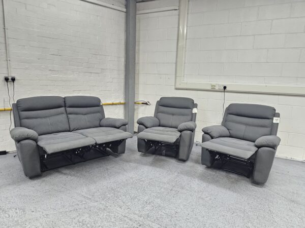 Dunelm Grey Suede 3 Piece Suite Manual Recliner Sofa and Chairs - Image 5