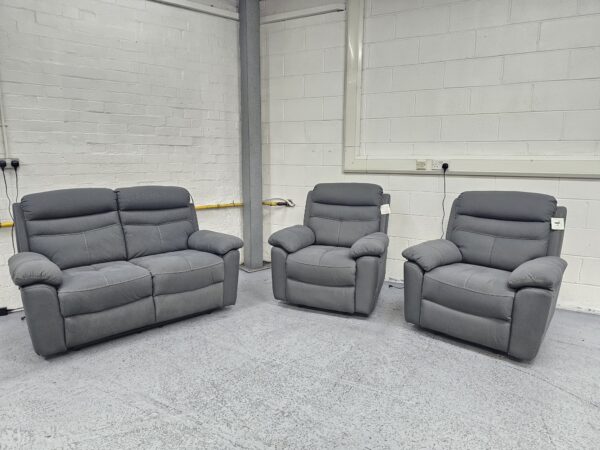 Dunelm Grey Suede 3 Piece Suite Manual Recliner Sofa and Chairs - Image 3