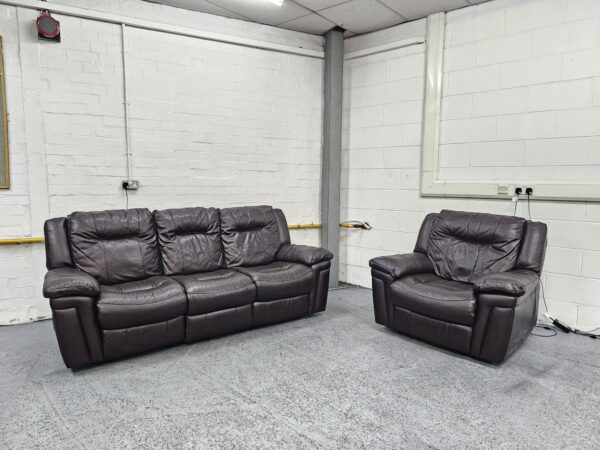 Dfs Dark Brown Leather 3 and 1 Seater Recliner Sofa and Chair
