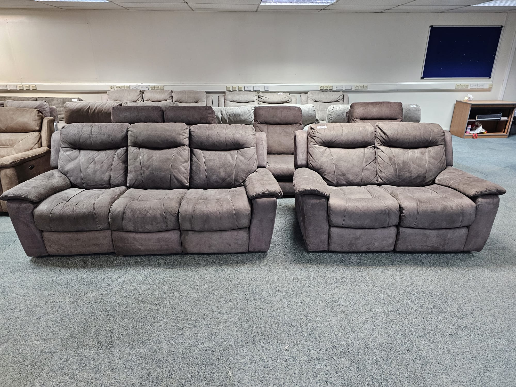 Dfs Grey Suede 3 and 2 Seater Manual Recliner Sofas