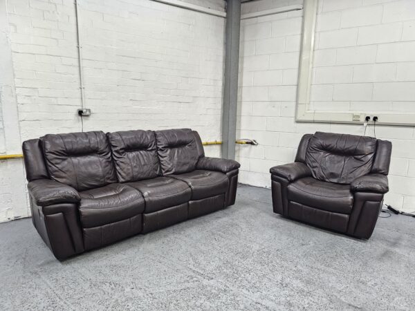 Dfs Dark Brown Leather 3 and 1 Seater Recliner Sofa and Chair - Image 2