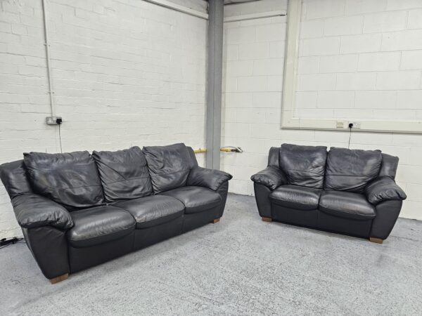 Black Leather 3 and 2 Seater Sofas - Image 2