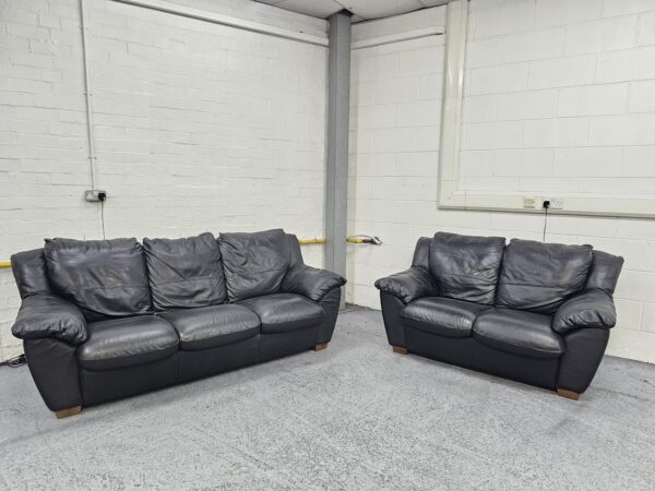 Black Leather 3 and 2 Seater Sofas - Image 3
