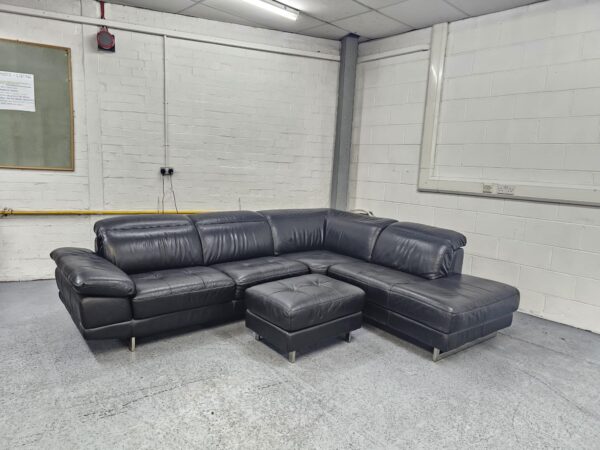 Dfs Black Leather Corner Sofa with Adjustable Headrests and Footstool