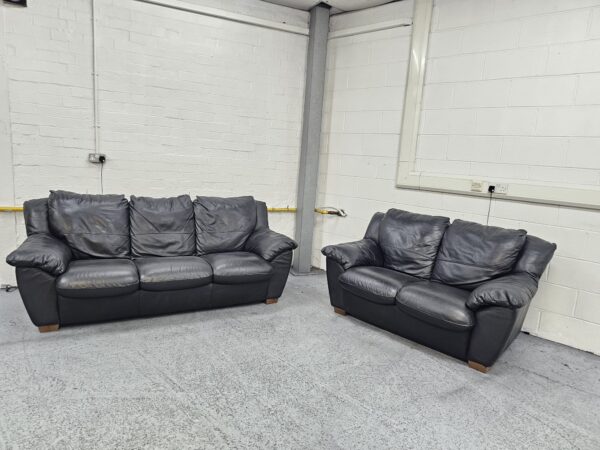 Black Leather 3 and 2 Seater Sofas - Image 5