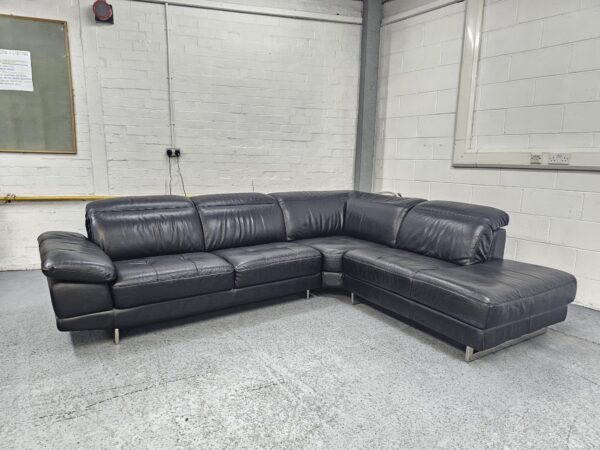 Dfs Black Leather Corner Sofa with Adjustable Headrests and Footstool - Image 2