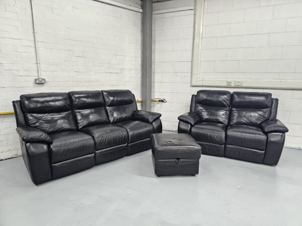 Harvey's Black Leather 3 and 2 Seater Manual Recliners with Footstool - Image 2