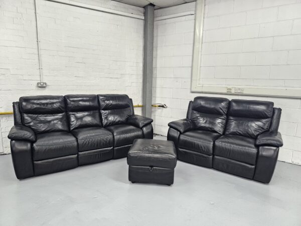 Harvey's Black Leather 3 and 2 Seater Manual Recliners with Footstool