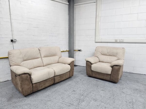 Dfs Cream and Brown Suede 2 and 1 Seater Recliner Sofa and Chair - Image 2