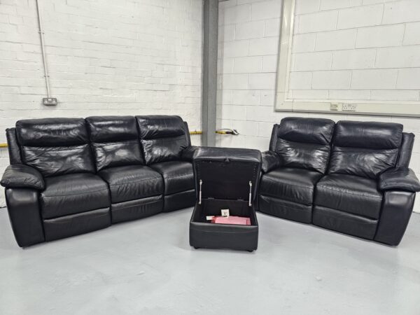 Harvey's Black Leather 3 and 2 Seater Manual Recliners with Footstool - Image 6