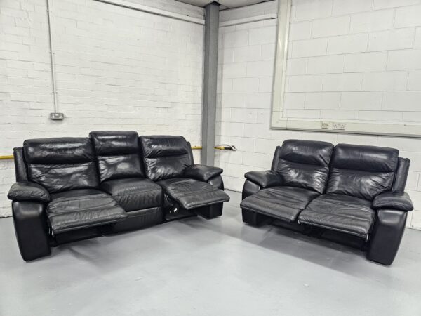 Harvey's Black Leather 3 and 2 Seater Manual Recliners with Footstool - Image 4