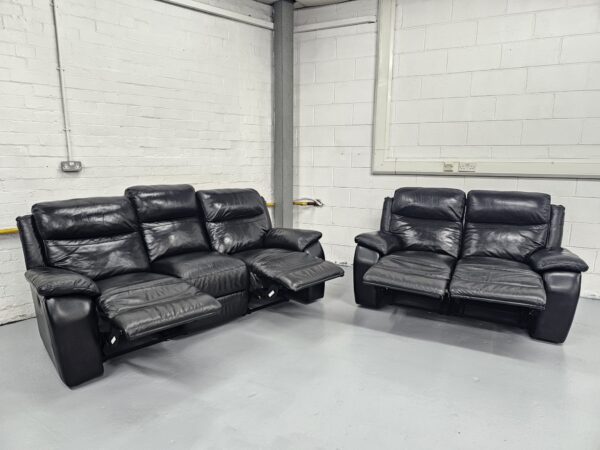 Harvey's Black Leather 3 and 2 Seater Manual Recliners with Footstool - Image 3