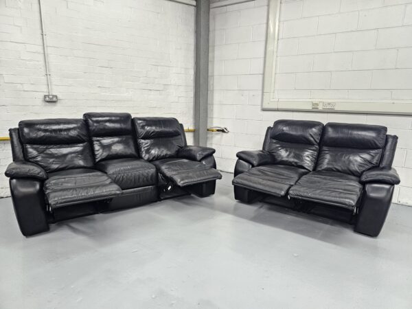Harvey's Black Leather 3 and 2 Seater Manual Recliners with Footstool - Image 5