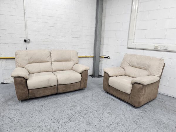 Dfs Cream and Brown Suede 2 and 1 Seater Recliner Sofa and Chair