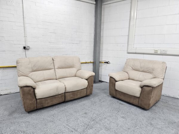 Dfs Cream and Brown Suede 2 and 1 Seater Recliner Sofa and Chair - Image 3