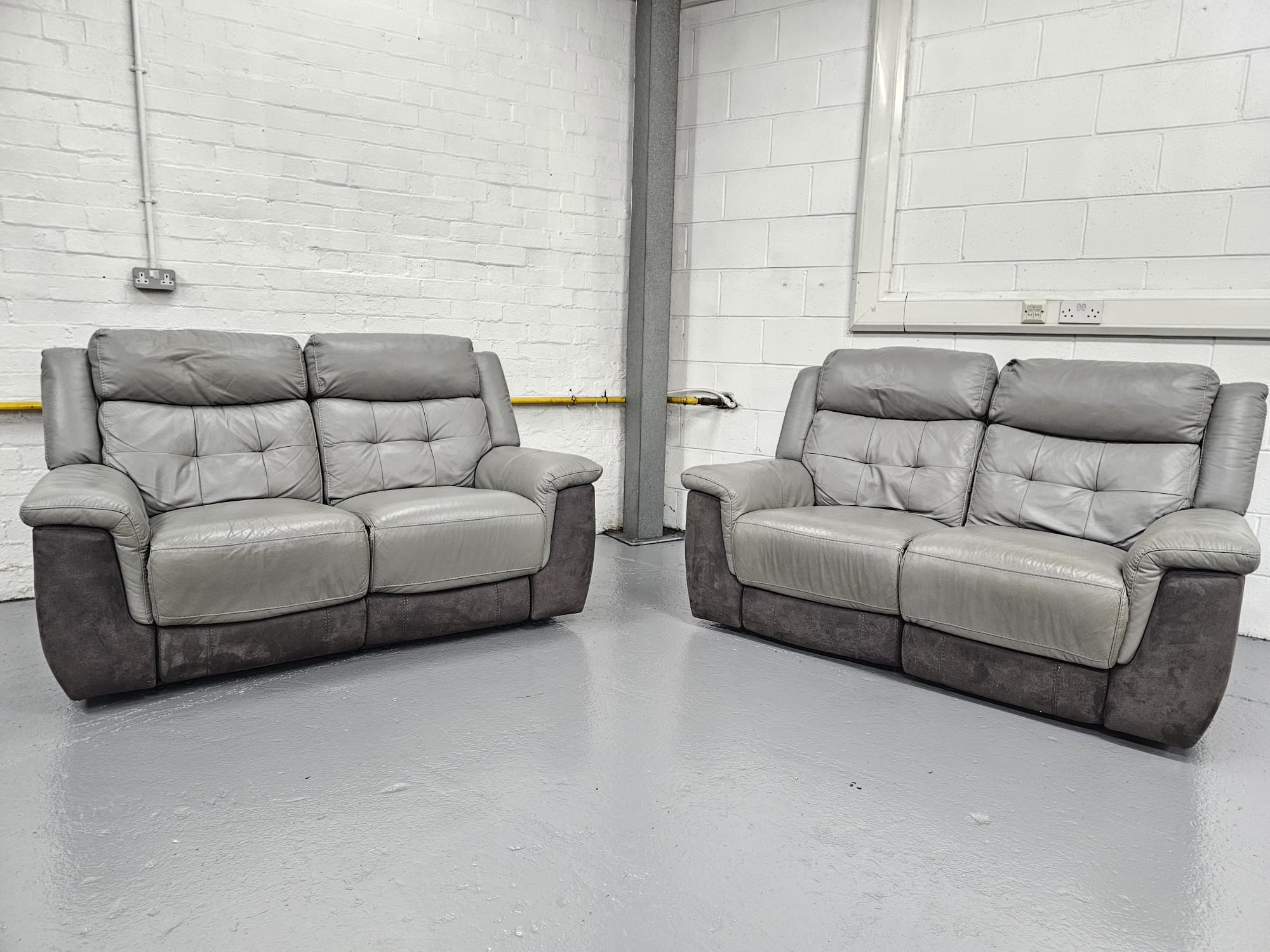 Dfs Grey Leather and Suede 2 Seaters Manual Recliner Sofas
