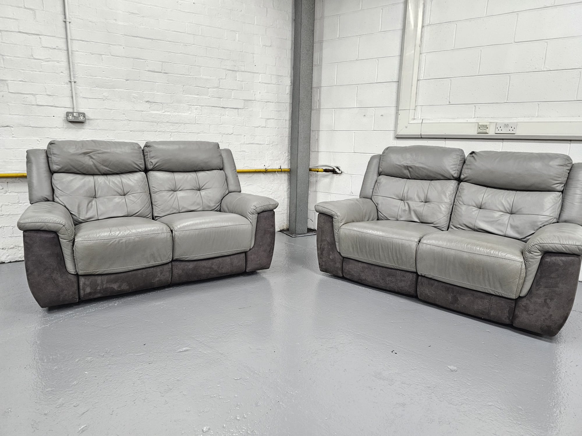 Dfs Grey Leather and Suede 2 Seaters Manual Recliner Sofas