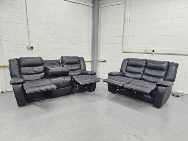 Black Leather 3 and 2 Seater Recliner Sofas with Cup Holders - Image 6