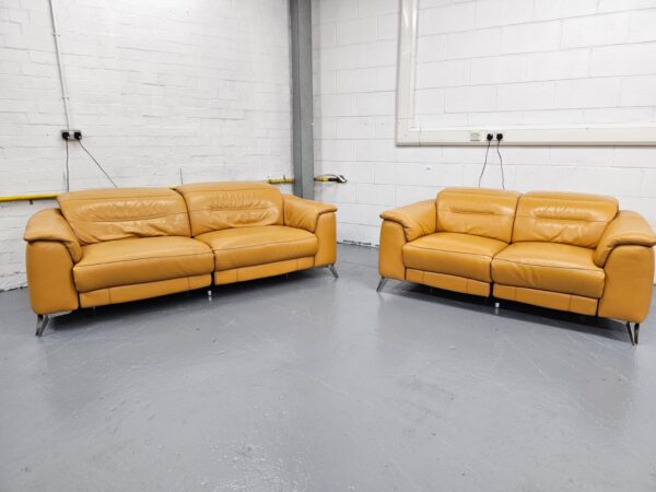 Sofology Tan Leather 3 and 2 Seater Electric Recliner Sofas with Electric Headrest - Image 2