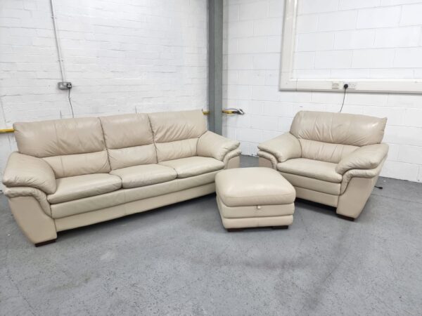 Oak Furniture Land Cream Leather 3 and 1 Seater Sofa and Chair with Ottoman - Image 2