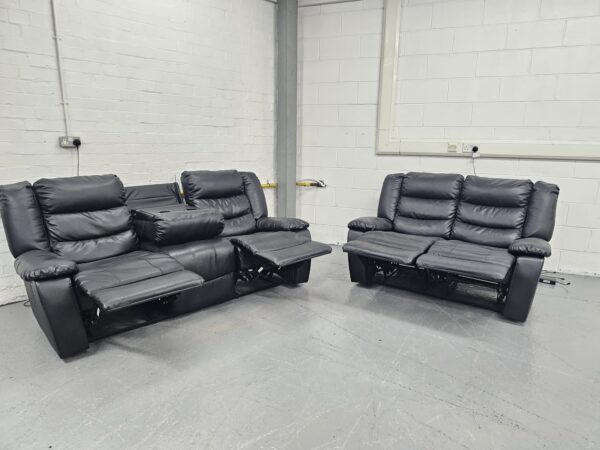 Black Leather 3 and 2 Seater Recliner Sofas with Cup Holders - Image 5
