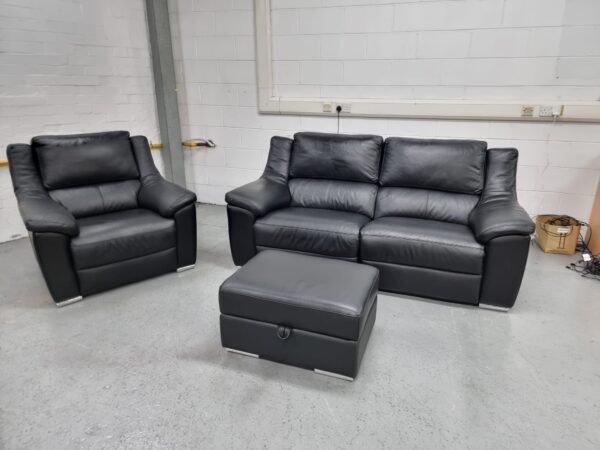 Toon's Black Full Leather 3 and 1 Seater Recliner Sofa and Chair with Ottoman - Image 2