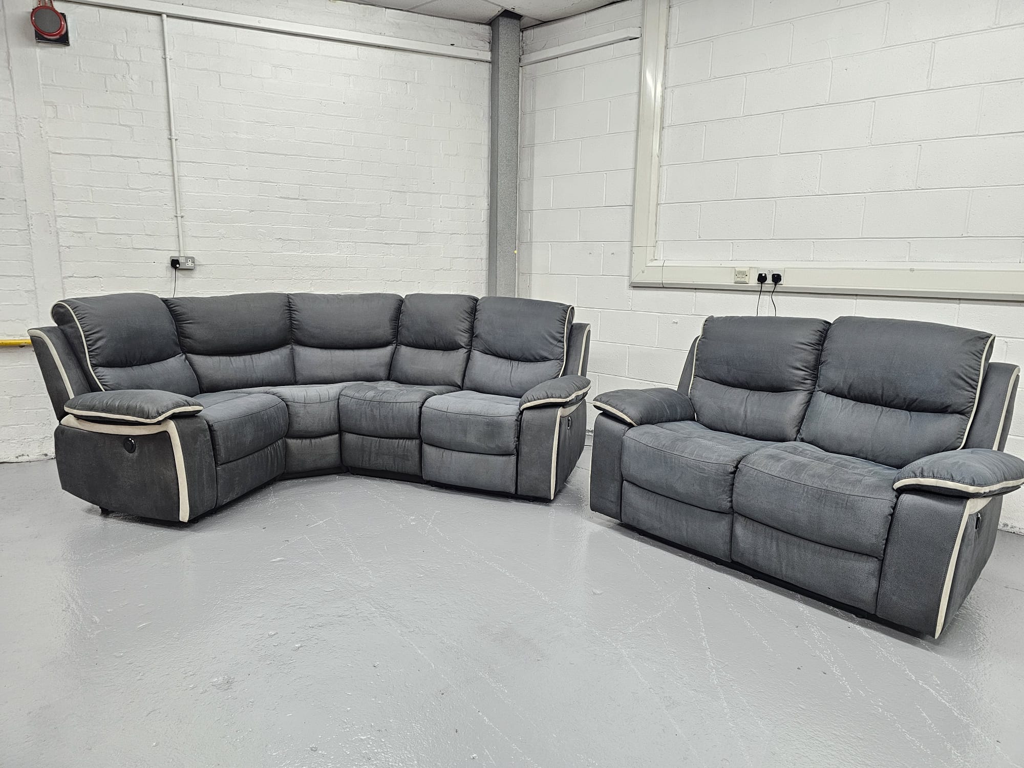 Harvey’s Grey Suede Corner and 2 Seater Electric Recliner Sofas